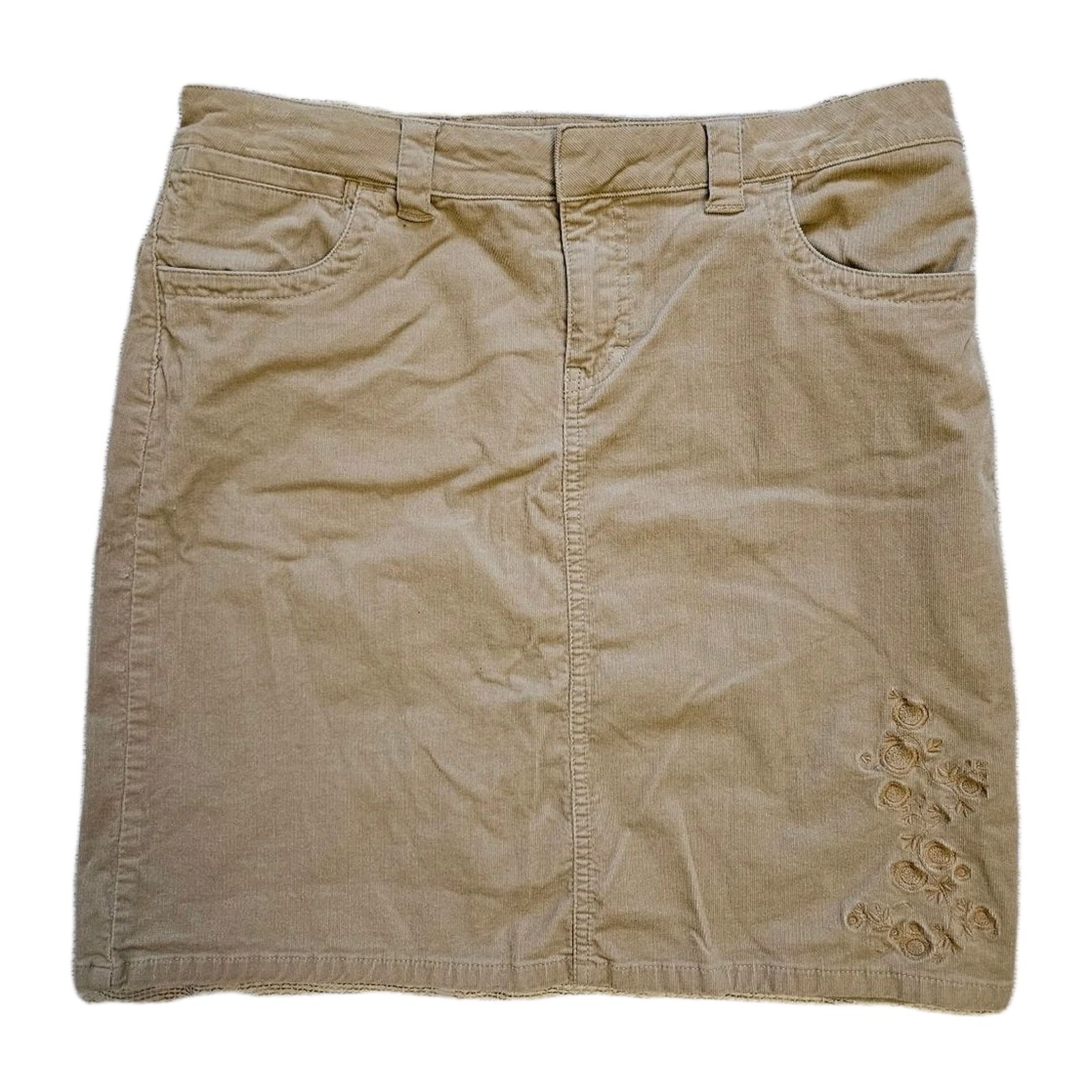 Tommy Hilfiger Corduroy Skirt Women's 10 Tan Pockets Embroidered Academia Boho